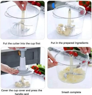 Areeb Mart 2L manual food chopper for vegetables and meat, featuring a compact design with a handle and chopping blades inside.