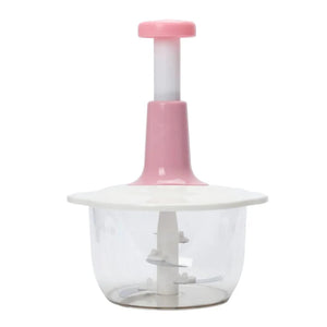 Areeb Mart 2L manual food chopper with chopped vegetables and meat, featuring a compact design and easy manual operation.