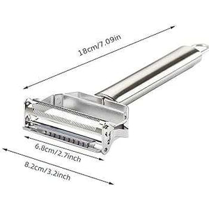 Areeb Mart stainless steel julienne vegetable peeler with double planning grater for kitchen prep and vegetable peeling.