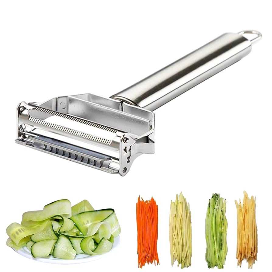 Areeb Mart stainless steel julienne vegetable peeler with ergonomic handle for peeling and julienning vegetables in kitchen tools collection.