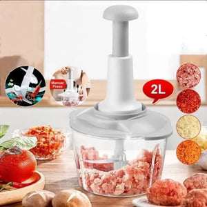 Areeb Mart 2L manual food chopper with stainless steel blades, ideal for chopping vegetables and meat in a compact design