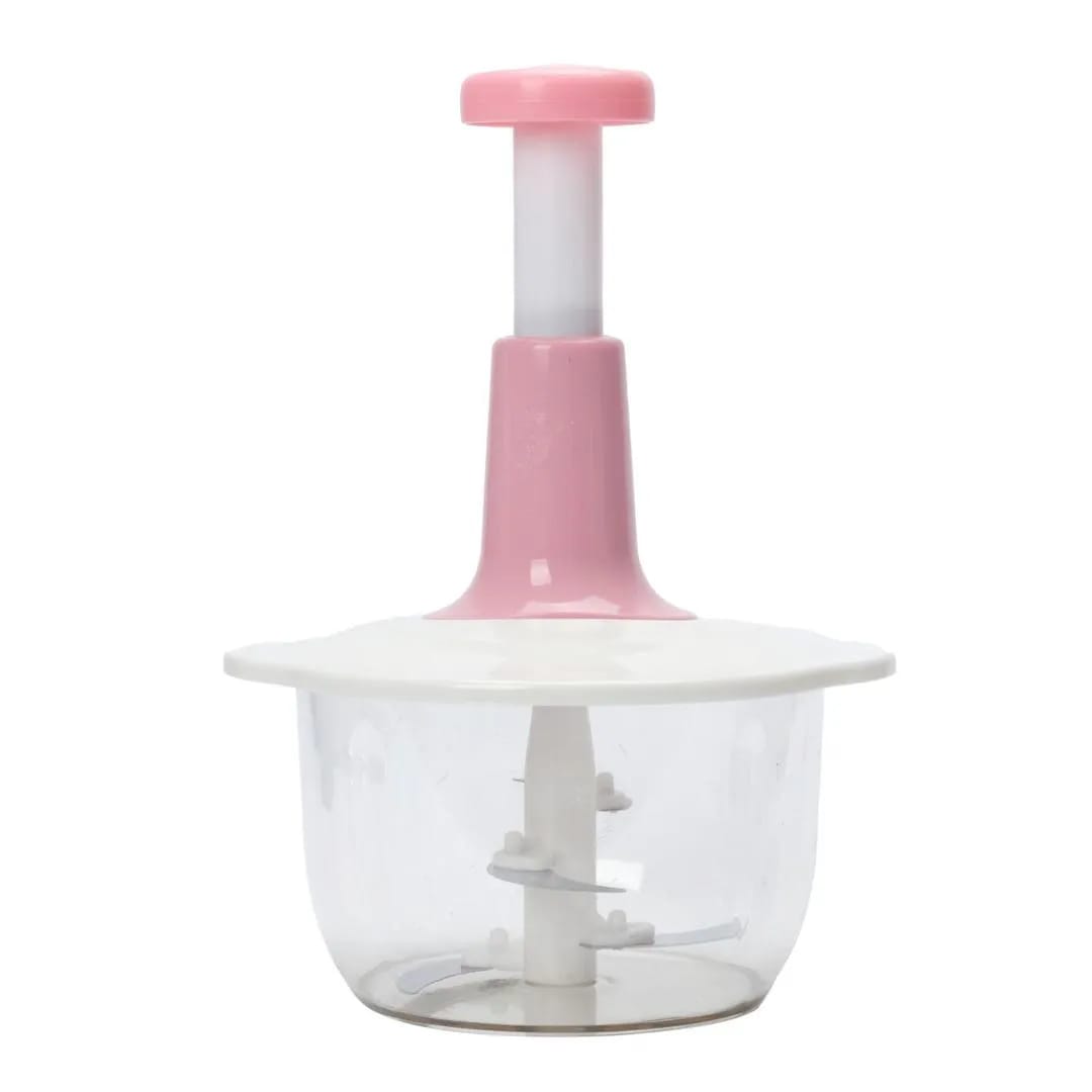 Areeb Mart 2L manual food chopper with chopped vegetables and meat, featuring a compact design and easy manual operation.