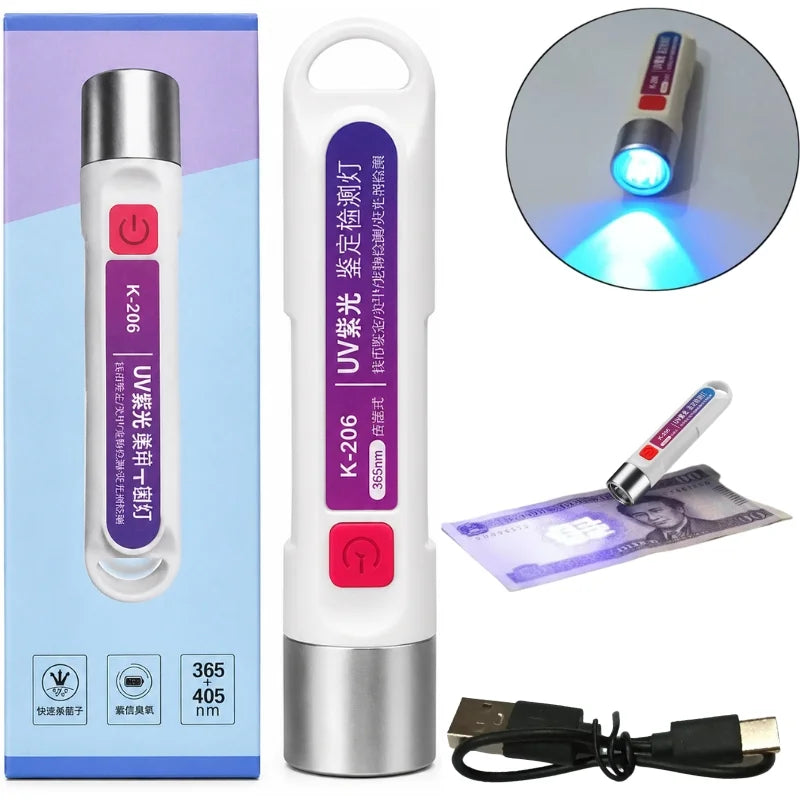 Areeb Mart UV Currency Checker Rechargeable UV Inspection Lamp with 365nm light for banknote security and fluorescent detection.