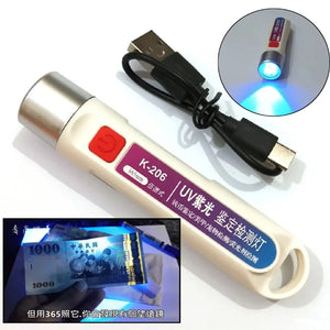 Areeb Mart UV Currency Checker Rechargeable Light K-206 365nm portable UV inspection lamp for banknote security and fluorescent detection.