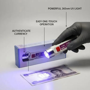 Areeb Mart UV Currency Checker Rechargeable UV Inspection Lamp with 365nm light for banknote security and fluorescent detection.