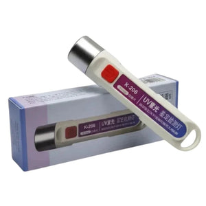 A rechargeable UV currency checker torch with 365nm UV light, used for inspecting banknotes' security features and fluorescence.